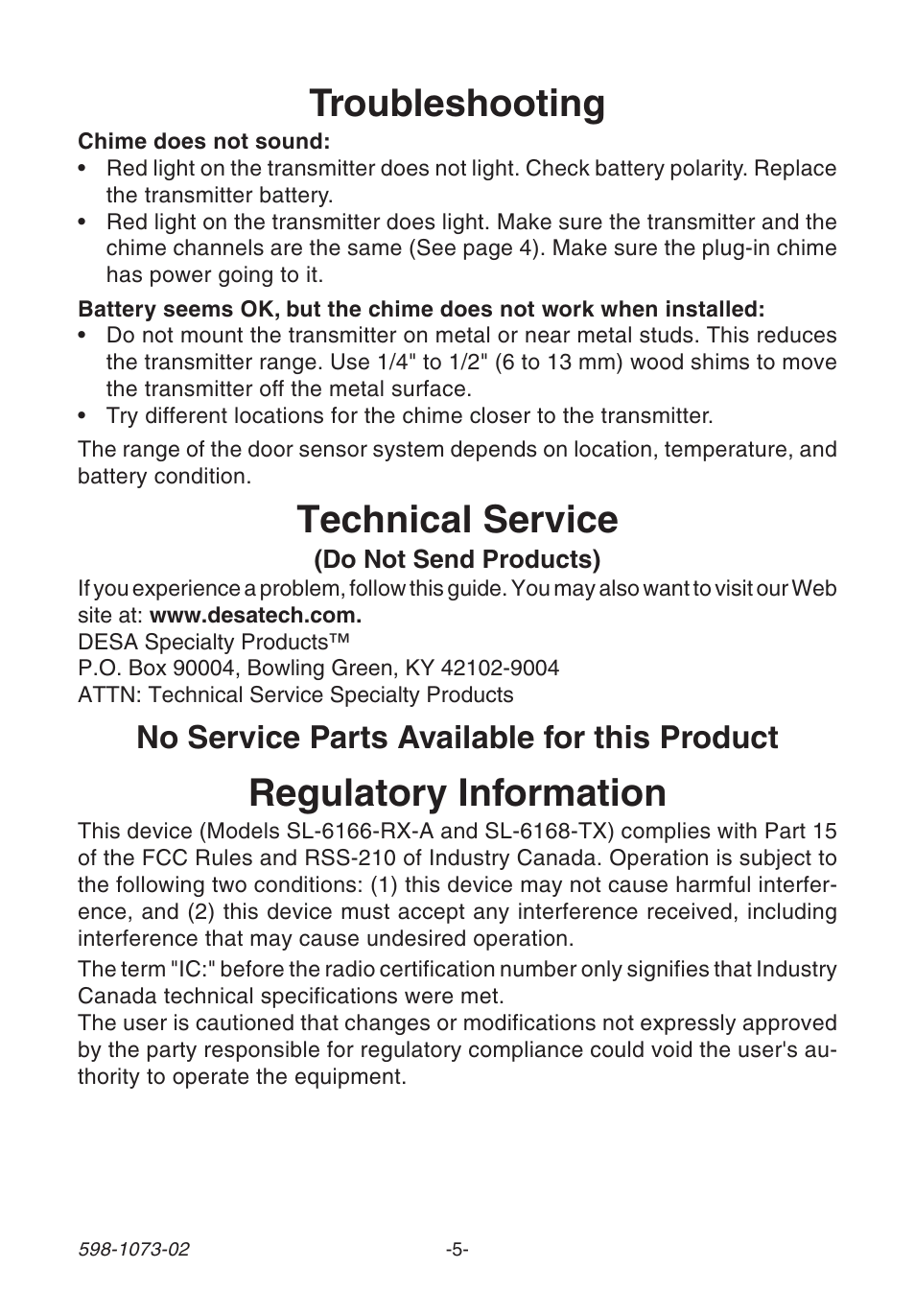 Regulatory information, Technical service, Troubleshooting | No service parts available for this product | Ace Hardware 3003530 (AC-6168) User Manual | Page 5 / 8