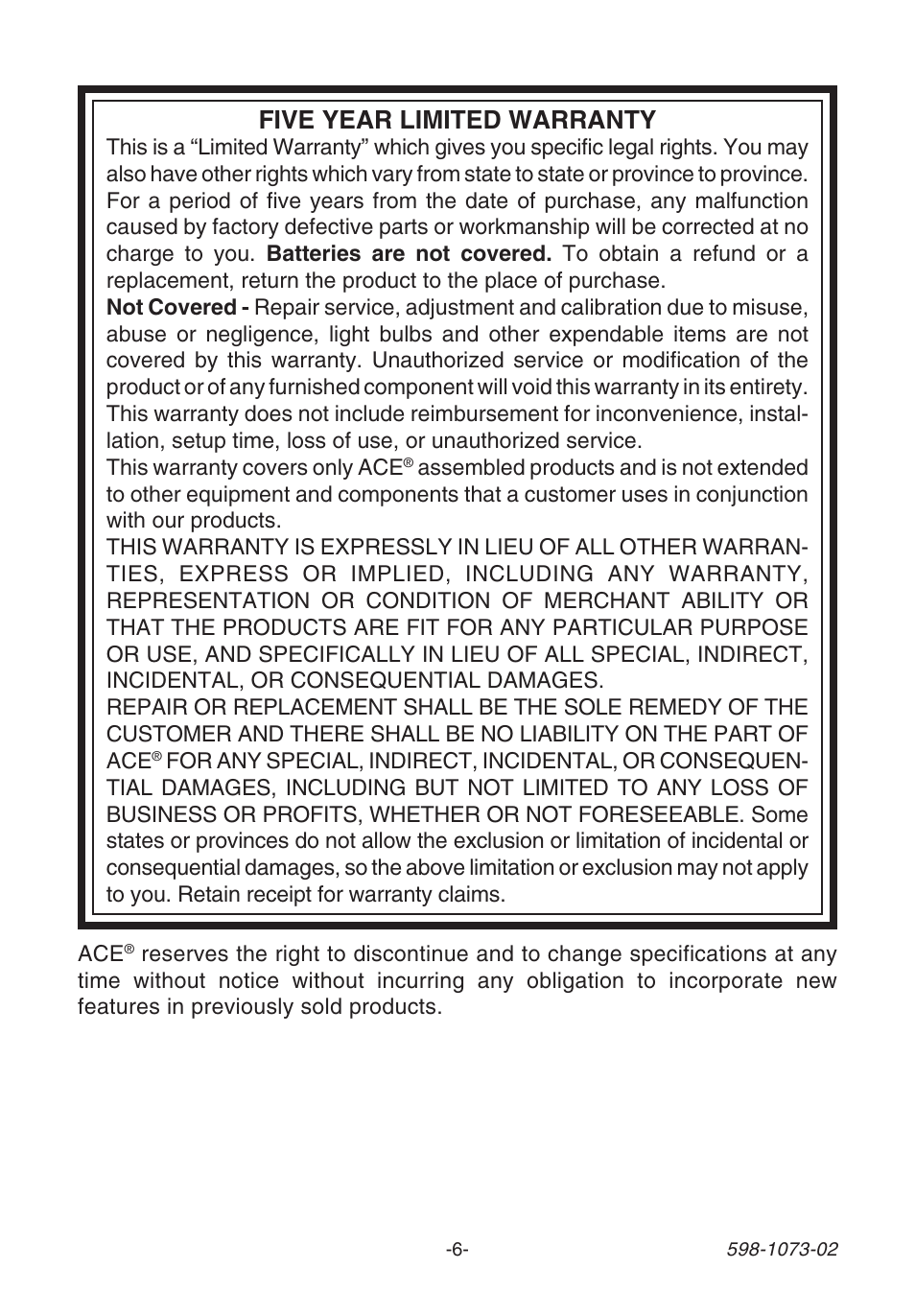 Five year limited warranty | Ace Hardware 3003530 (AC-6168) User Manual | Page 6 / 8