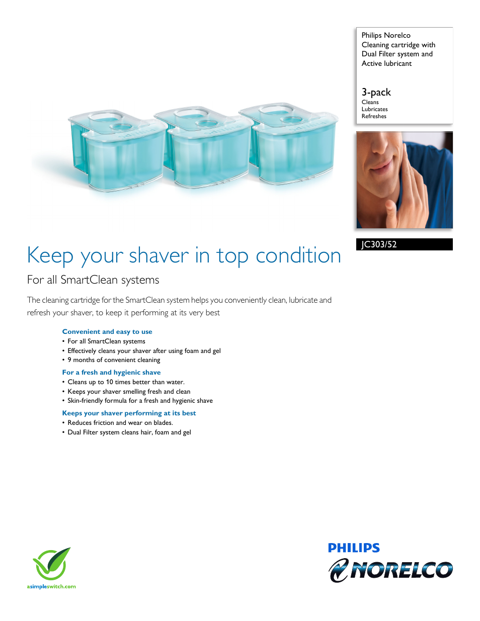 Philips Norelco Cleaning cartridge JC303-52 3-pack Cleans Lubricates Refreshes with Dual Filter system and Active lubricant User Manual | 3 pages