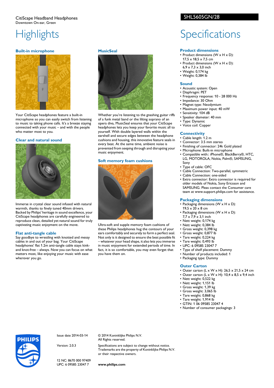 Highlights, Specifications | Philips SHL5605GN-28 User Manual | Page 2 / 2