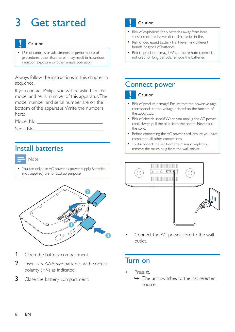 3 get started, Install batteries, Connect power | Turn on | Philips AJ7050D-37 User Manual | Page 10 / 20