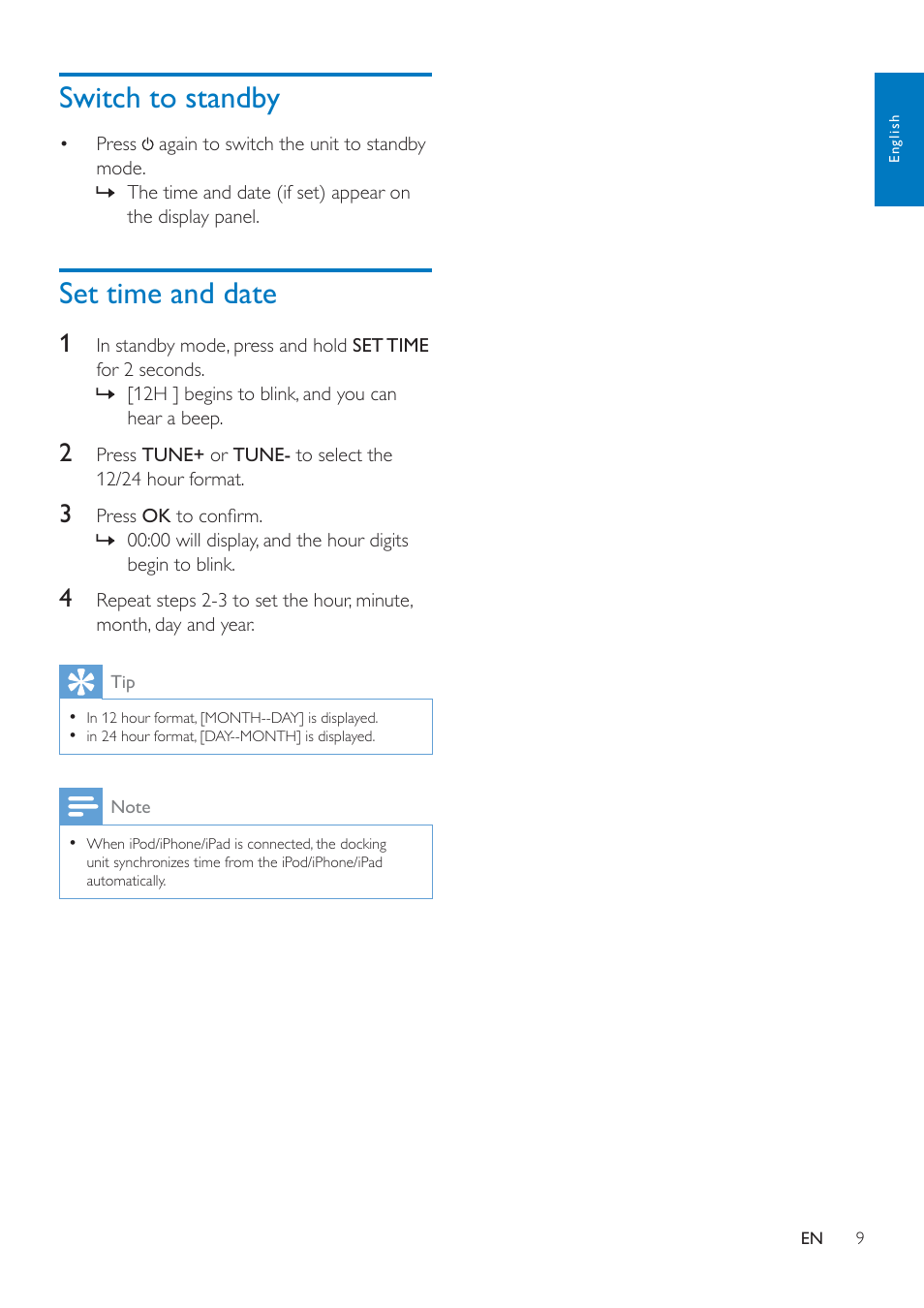 Switch to standby, Set time and date | Philips AJ7050D-37 User Manual | Page 11 / 20