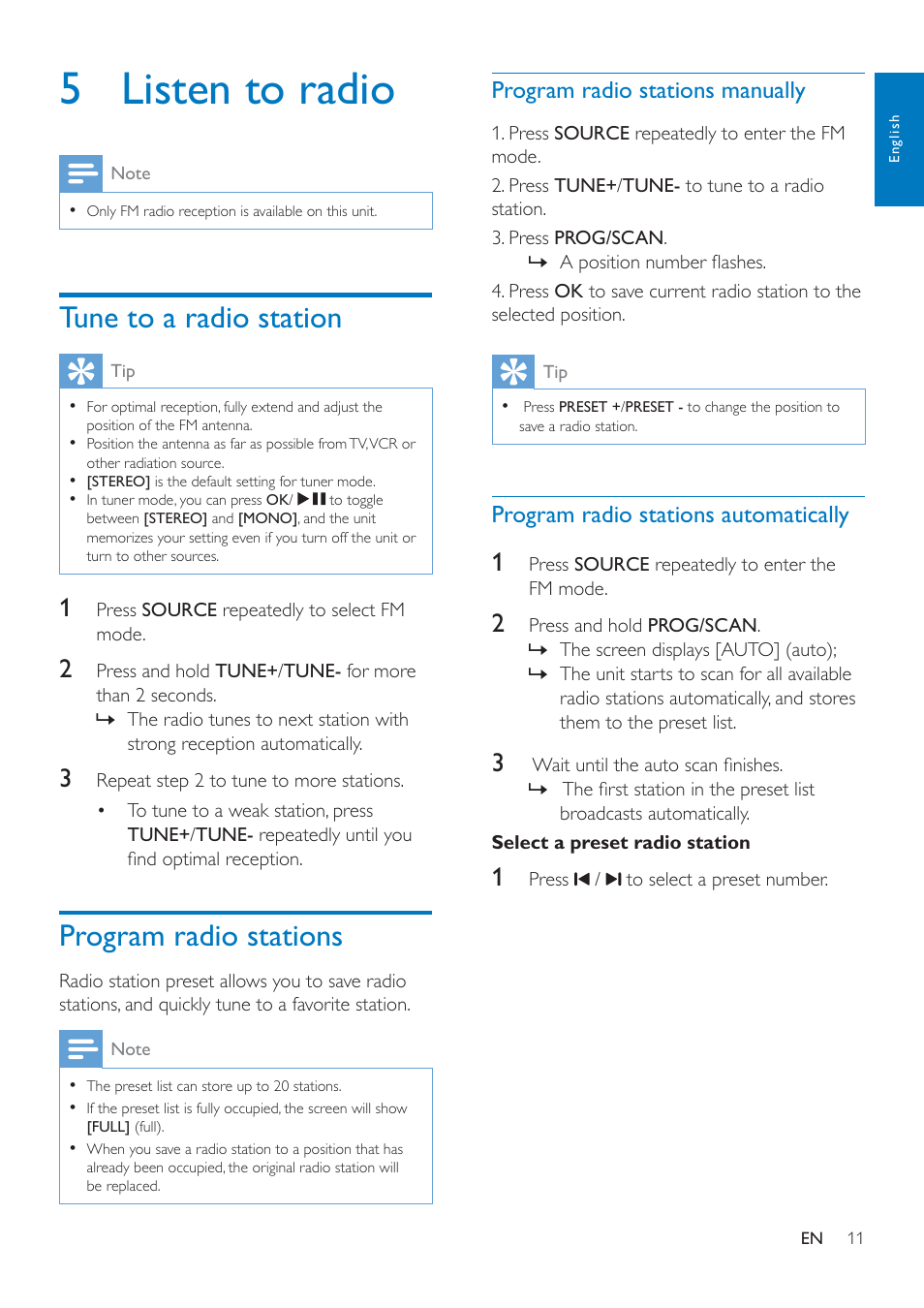5 listen to radio, Tune to a radio station, Program radio stations | Program radio stations manually, Program radio stations automatically | Philips AJ7050D-37 User Manual | Page 13 / 20