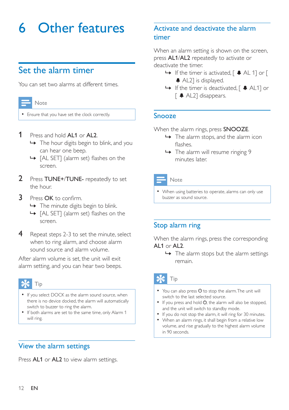 6 other features, Set the alarm timer, View the alarm settings | Activate and deactivate the alarm timer, Snooze, Stop alarm ring | Philips AJ7050D-37 User Manual | Page 14 / 20