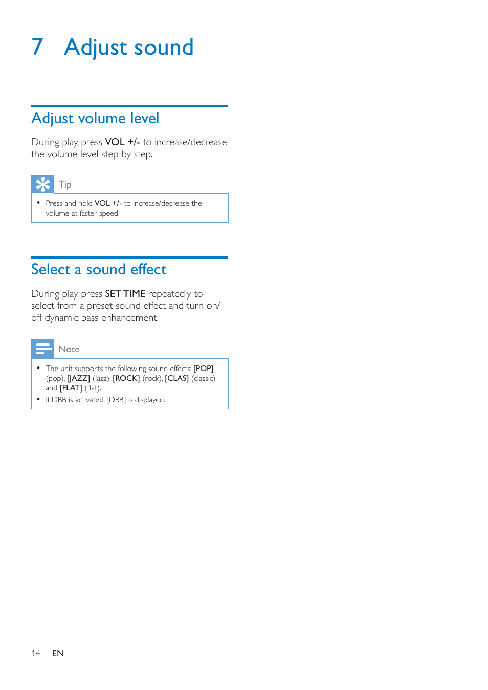 7 adjust sound, Adjust volume level, Select a sound effect | Philips AJ7050D-37 User Manual | Page 16 / 20