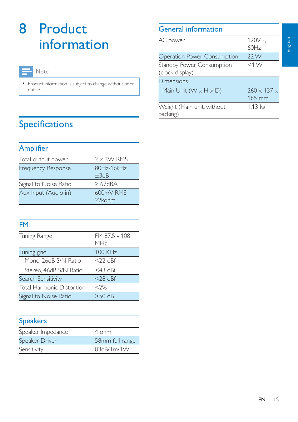 8 product information, Specifications | Philips AJ7050D-37 User Manual | Page 17 / 20