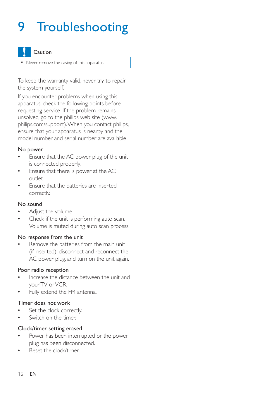 9 troubleshooting | Philips AJ7050D-37 User Manual | Page 18 / 20