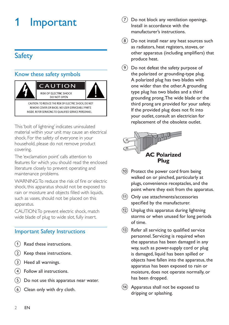 1 important, Safety, Safety 2 | Philips AJ7050D-37 User Manual | Page 4 / 20