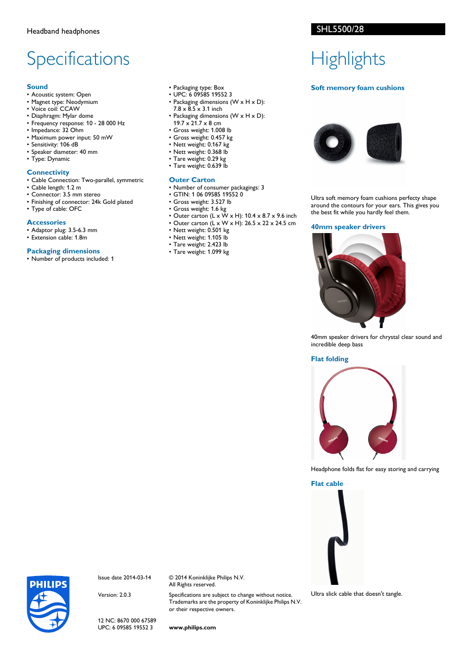 Specifications, Highlights | Philips SHL5500-28 User Manual | Page 2 / 2