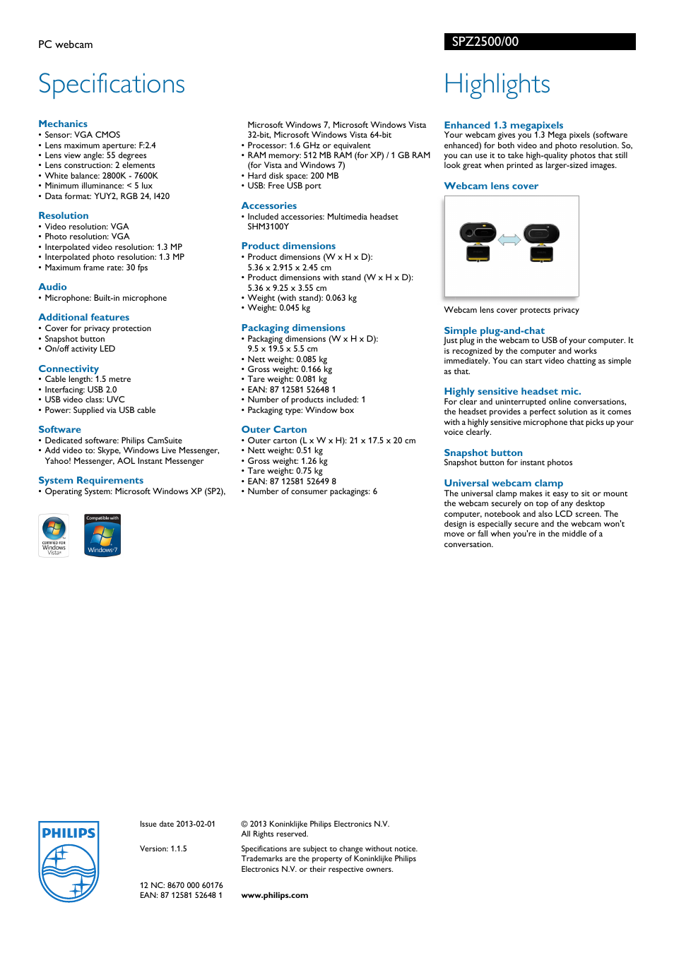 Specifications, Highlights | Philips SPZ2500-00 User Manual | Page 2 / 2