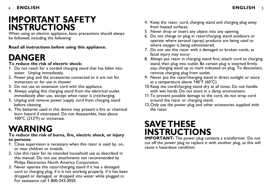 Save these instructions, Important safety instructions, Danger | Warning | Philips AT920-41 User Manual | Page 3 / 15