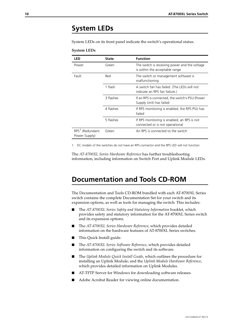 System leds, Documentation and tools cd-rom | Allied Telesis AT-8700XL Series Switch User Manual | Page 10 / 10