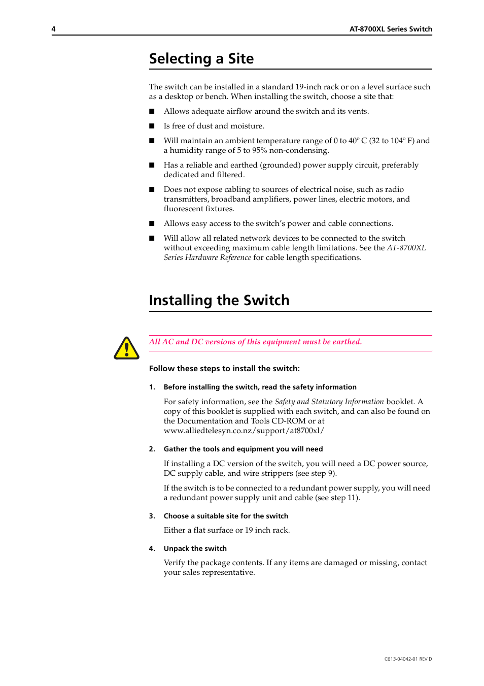 Selecting a site, Installing the switch | Allied Telesis AT-8700XL Series Switch User Manual | Page 4 / 10
