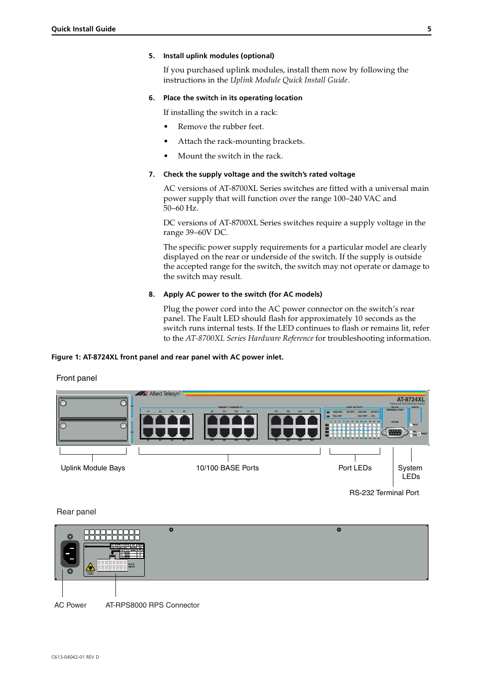 Rear panel front panel, Quick install guide 5, Install uplink modules (optional) | Place the switch in its operating location, Apply ac power to the switch (for ac models), Ac power at-rps8000 rps connector, At-8724xl | Allied Telesis AT-8700XL Series Switch User Manual | Page 5 / 10