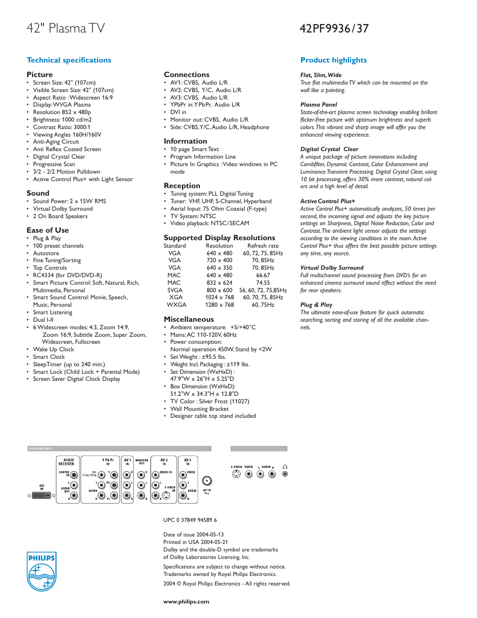 42" plasma tv | Philips 42PF9936-37B User Manual | Page 2 / 2