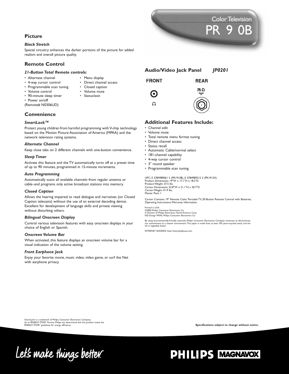 Pr 1 9 1 0b, Color television | Philips PR1910B User Manual | Page 2 / 2