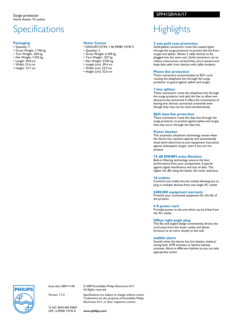 Specifications, Highlights | Philips SPP4158WA-17 User Manual | Page 2 / 2