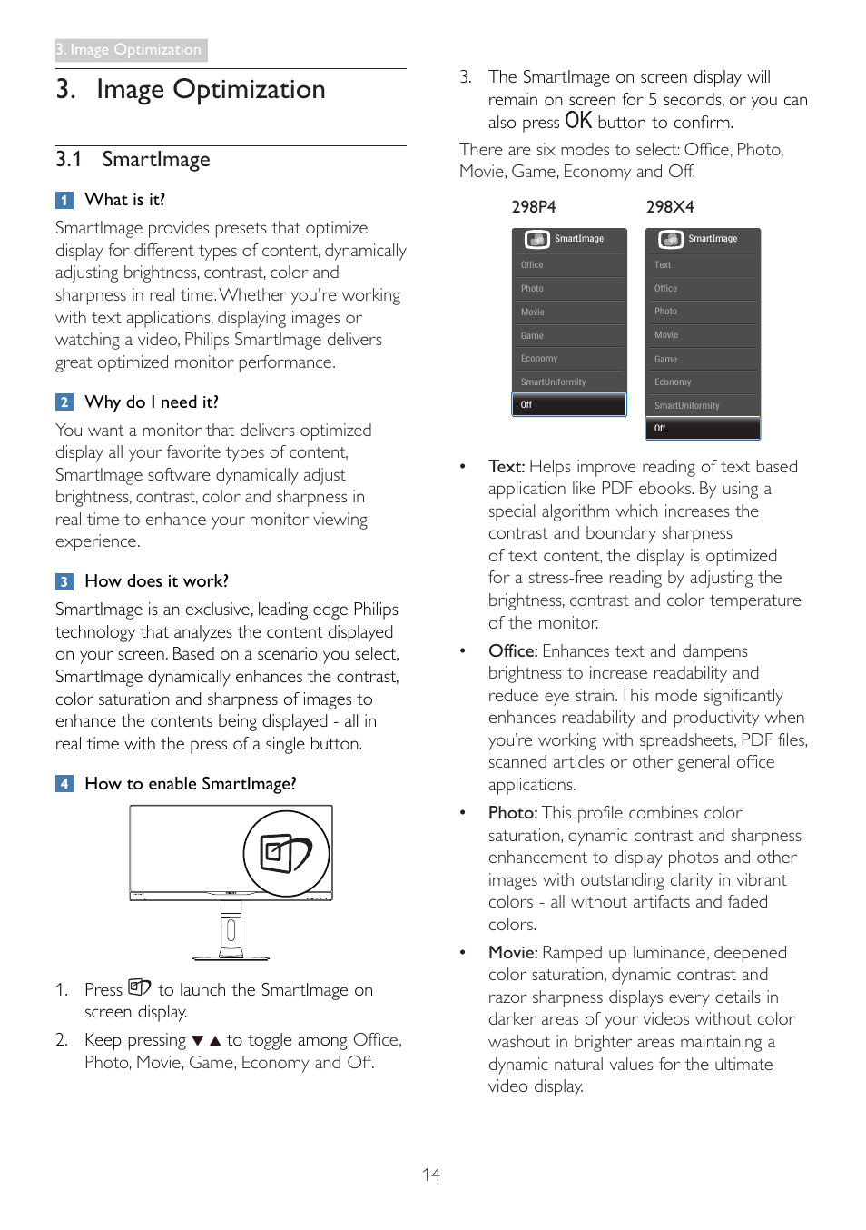 Image optimization, 1 smartimage | Philips 298P4QJEB-00 User Manual | Page 16 / 53