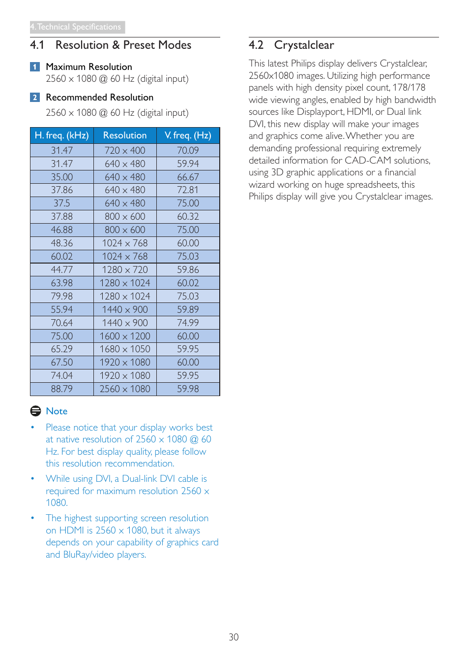 1 resolution & preset modes, 2 crystalclear | Philips 298P4QJEB-00 User Manual | Page 32 / 53