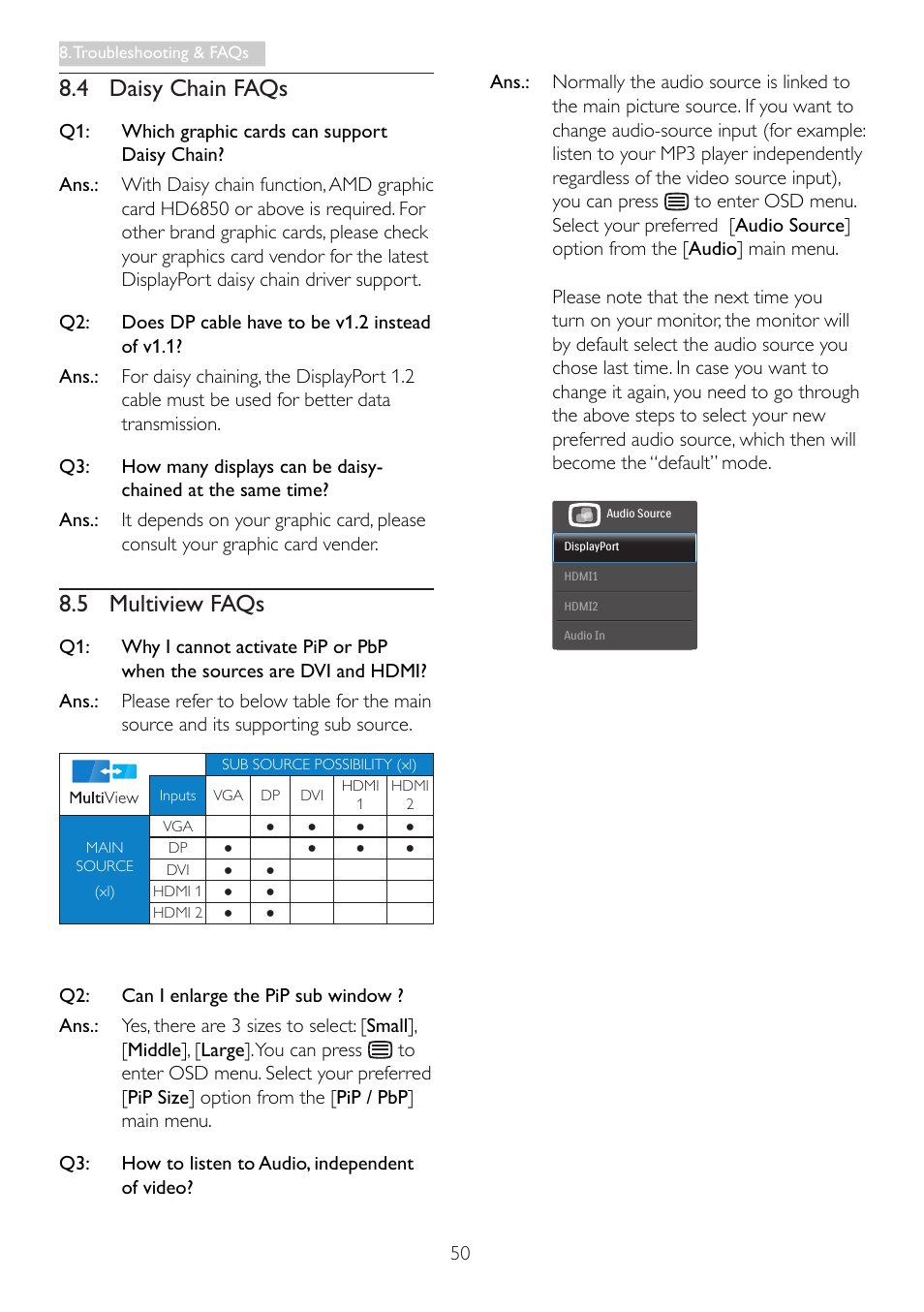 4 daisy chain faqs, 5 multiview faqs | Philips 298P4QJEB-00 User Manual | Page 52 / 53