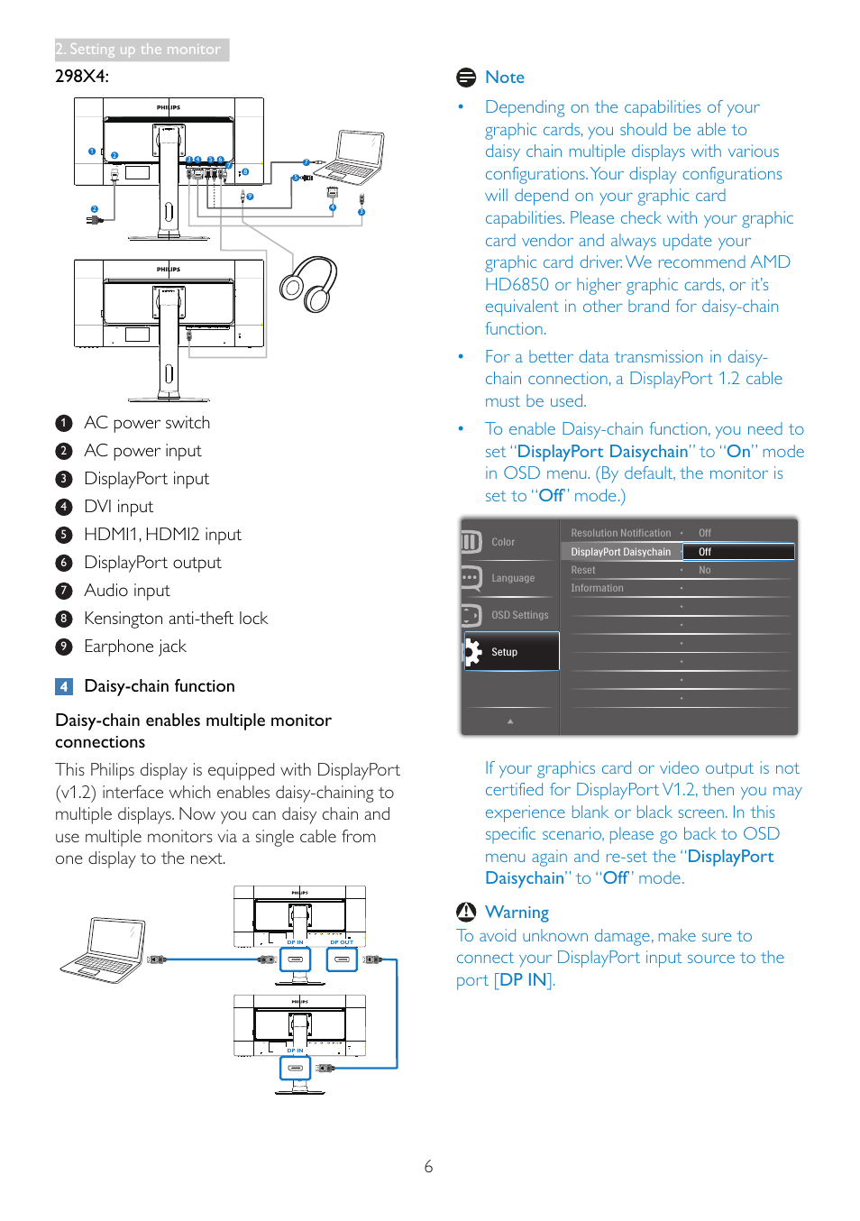 298x4, Ac power switch, Ac power input | Displayport input, Dvi input, Hdmi1, hdmi2 input, Displayport output, Audio input, Kensington anti-theft lock | Philips 298P4QJEB-00 User Manual | Page 8 / 53