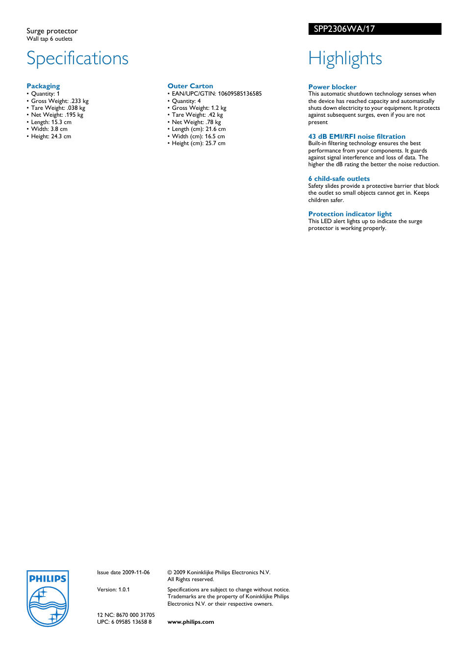 Specifications, Highlights | Philips SPP2306WA-17 User Manual | Page 2 / 2