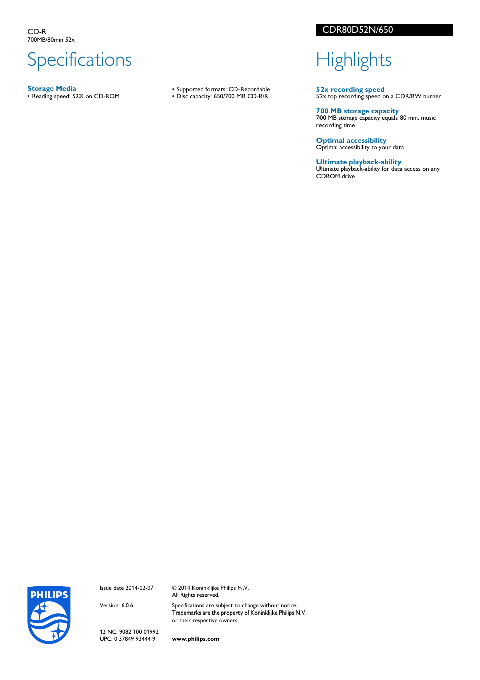 Specifications, Highlights | Philips CDR80D52N-650 User Manual | Page 2 / 2