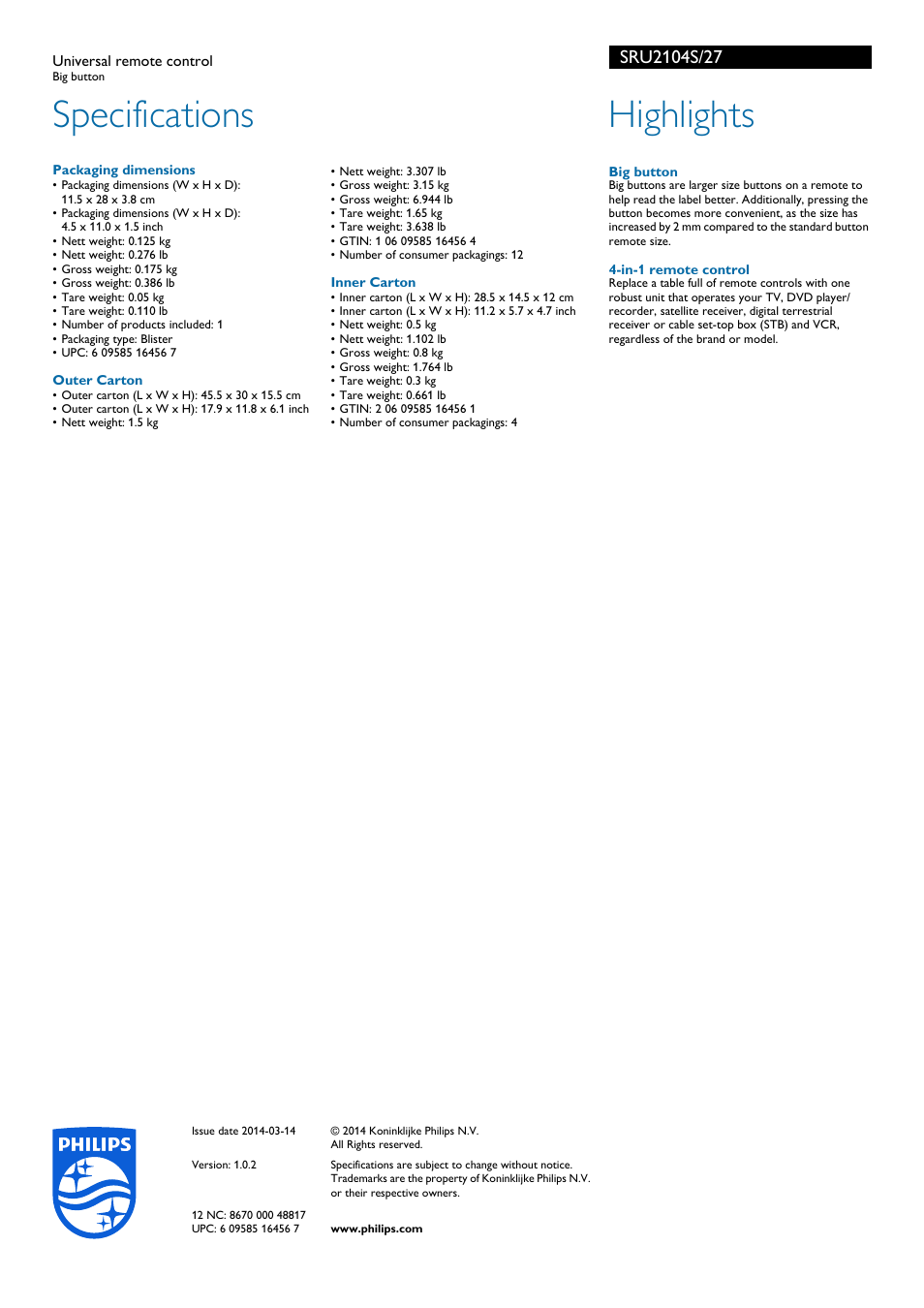 Specifications, Highlights | Philips SRU2104S-27 User Manual | Page 2 / 2