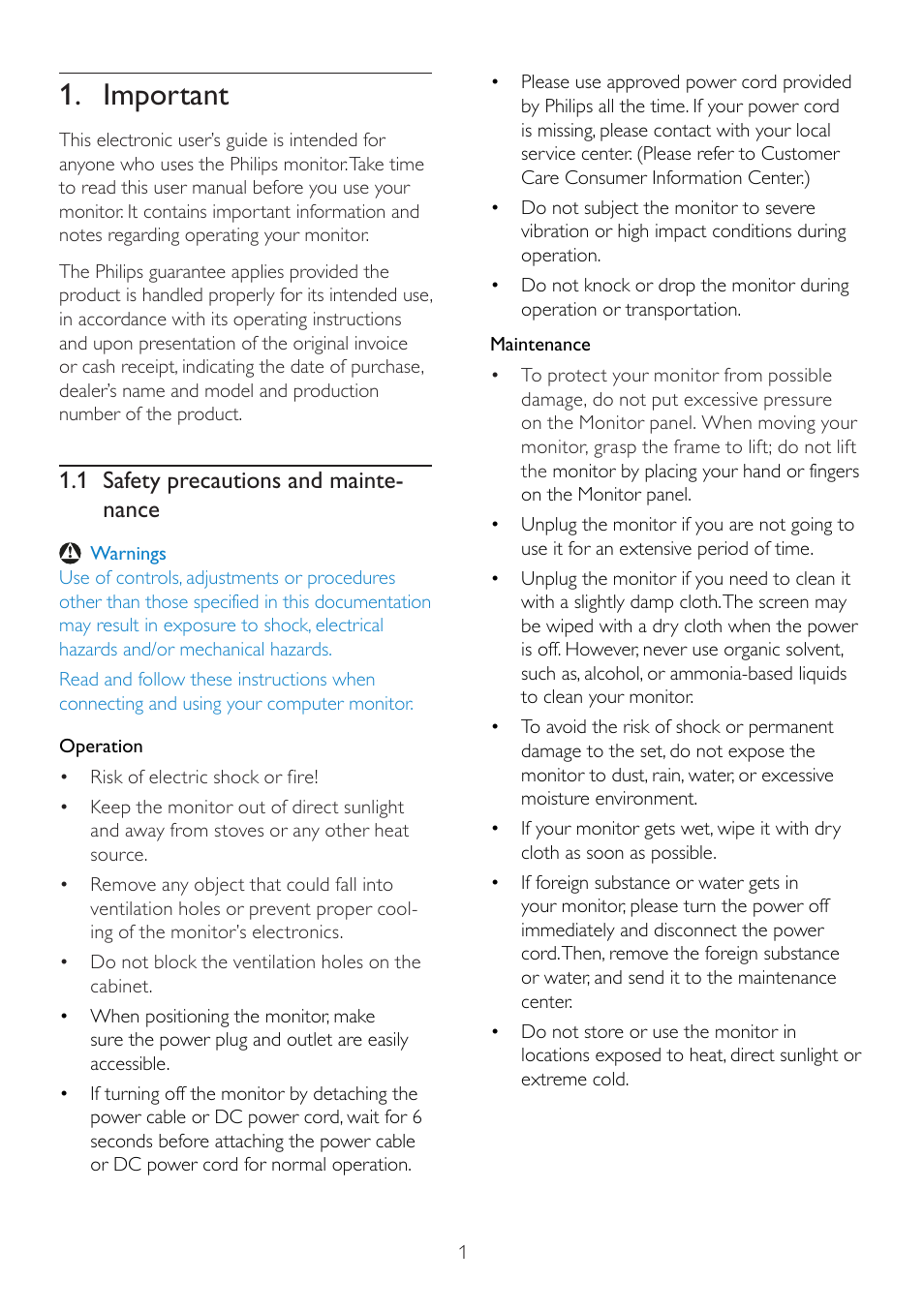 Important, 1 safety precautions and mainte- nance | Philips 229CL2SB-27 User Manual | Page 3 / 50