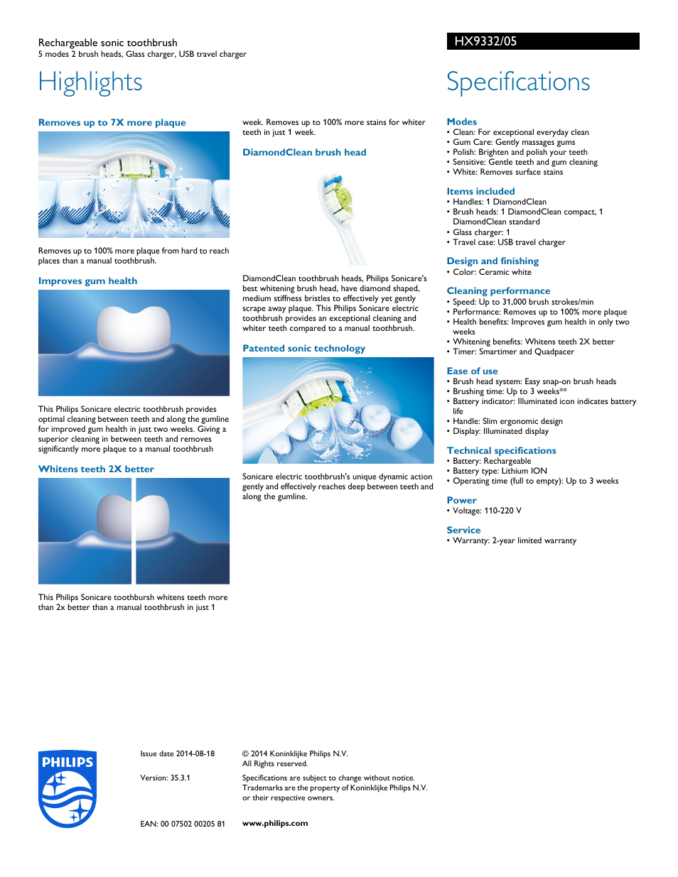 Highlights, Specifications | Philips HX9332-05 User Manual | Page 2 / 2