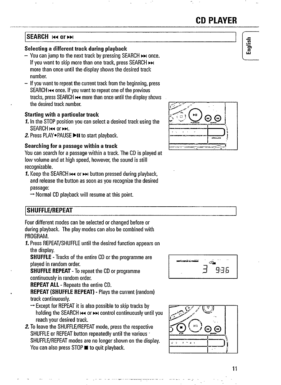 Search i«4 or, Shuffle/repeat, Cd player | Philips AZ241517 User Manual | Page 11 / 28