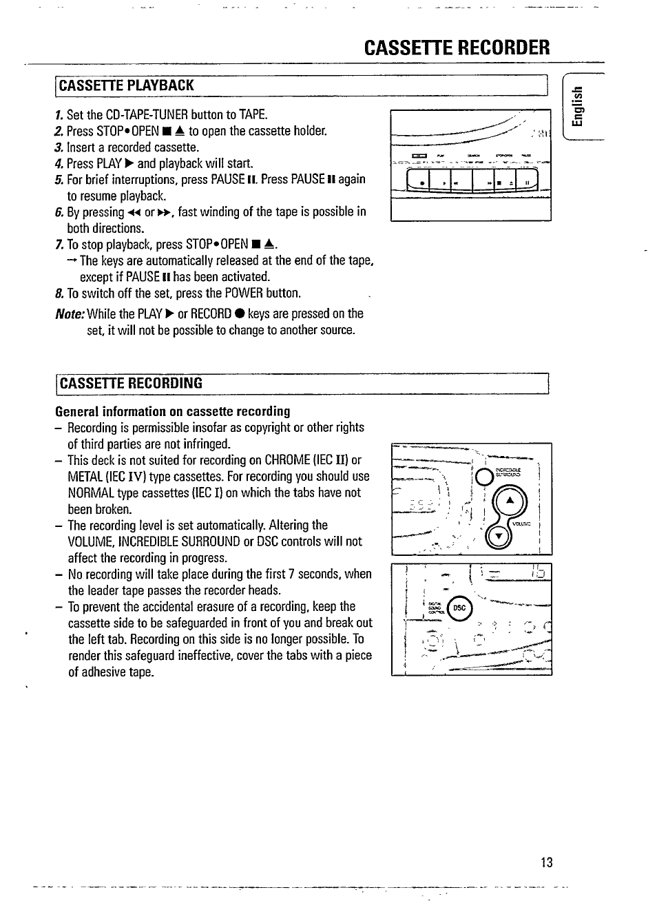 Cassehe recorder, Cassehe playback, Cassette recording | General information on cassette recording | Philips AZ241517 User Manual | Page 13 / 28