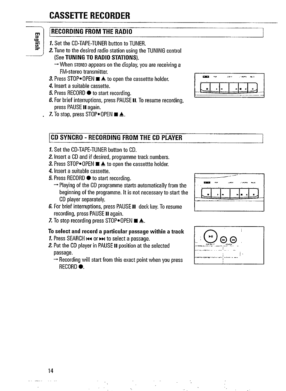 Cassette recorder, Recording from the radio, I cd syncro - recording from the cd play | Philips AZ241517 User Manual | Page 14 / 28