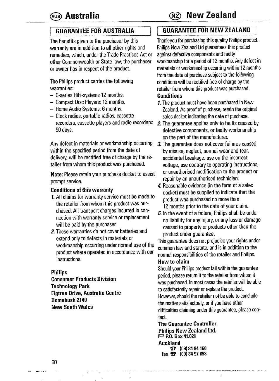 Guarantee for australia, Guarantee for new zealand, Australia new zealand | Philips AZ241517 User Manual | Page 18 / 28