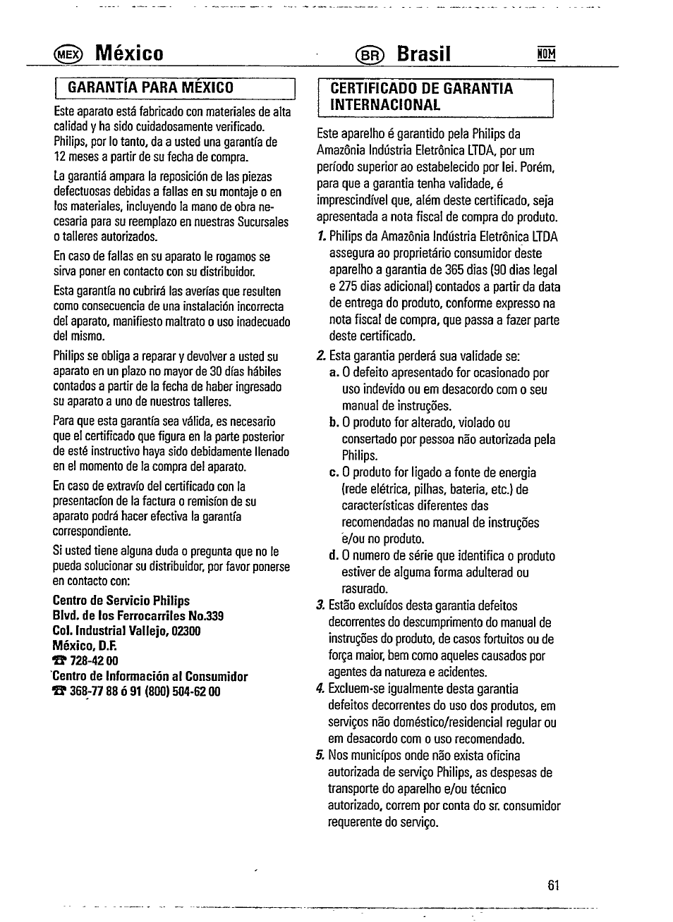 Garantia para mexico, México, Brasil | Philips AZ241517 User Manual | Page 19 / 28