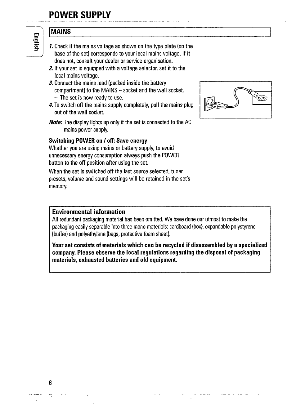 Power supply | Philips AZ241517 User Manual | Page 6 / 28