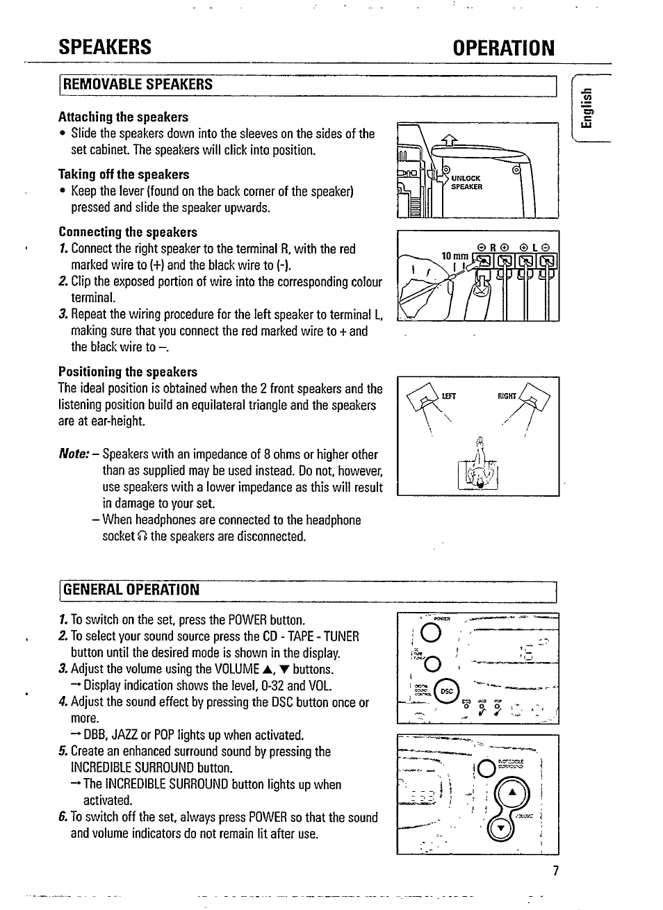 Removable speakers, General operation, Speakers operation | Philips AZ241517 User Manual | Page 7 / 28