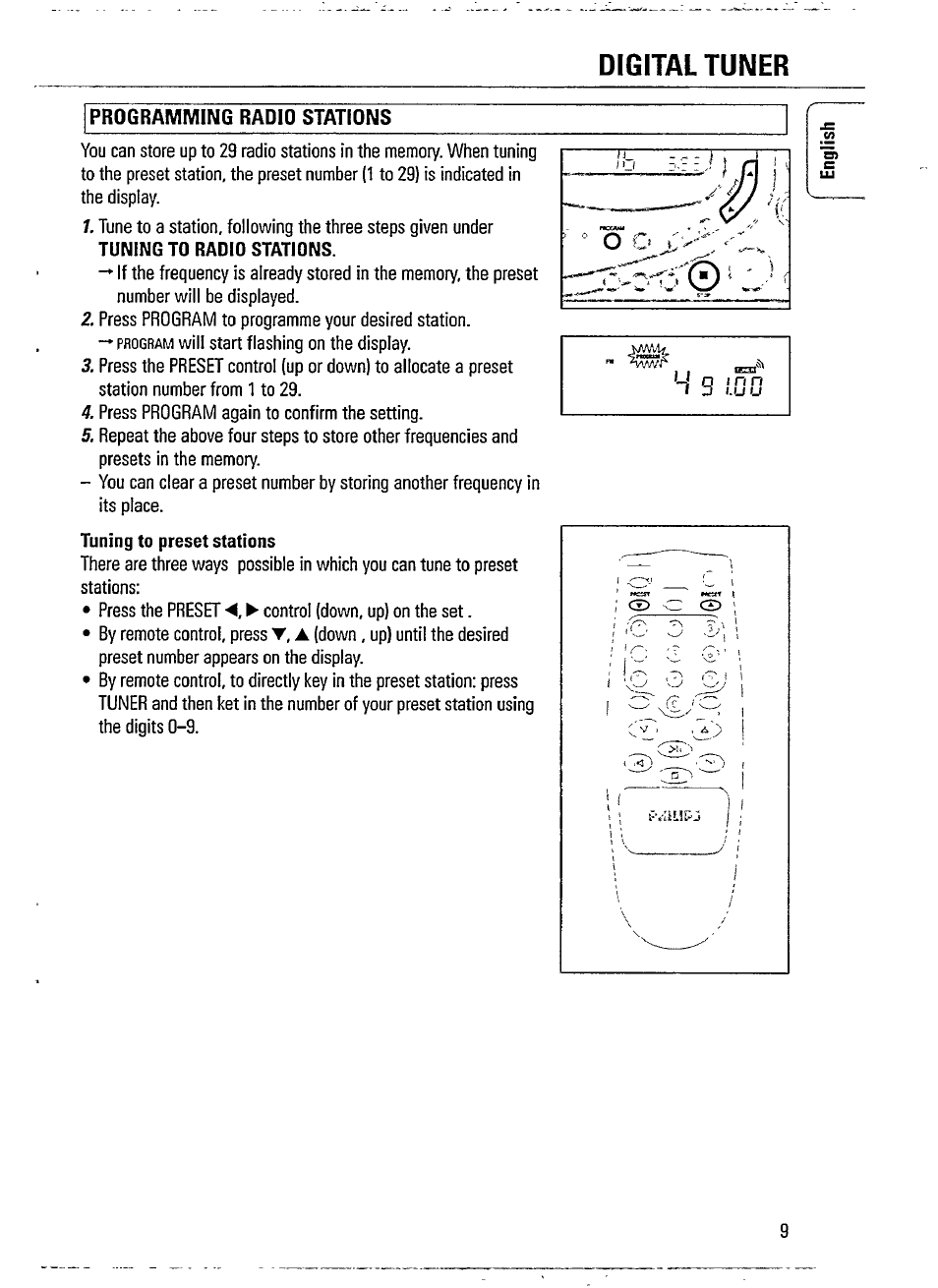 Digital tuner, Programming radio stations, Progratii will start flashing on the display | Philips AZ241517 User Manual | Page 9 / 28