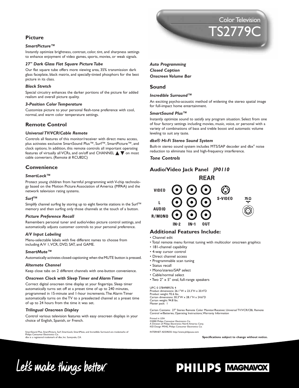 Ts2779c, Color television, Sound | Picture, Remote control, Convenience | Philips TS2779C User Manual | Page 2 / 2