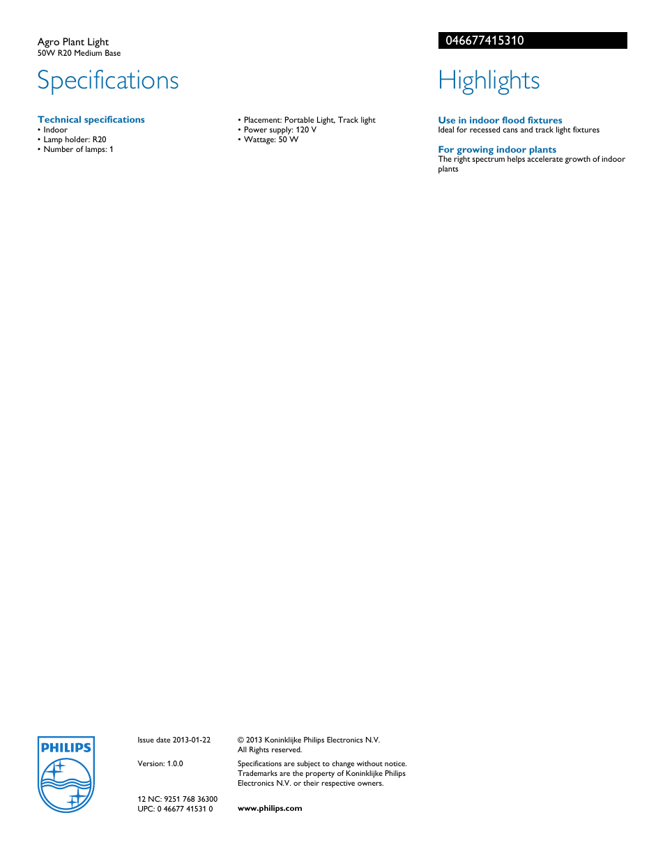 Specifications, Highlights | Philips 046677415310 User Manual | Page 2 / 2