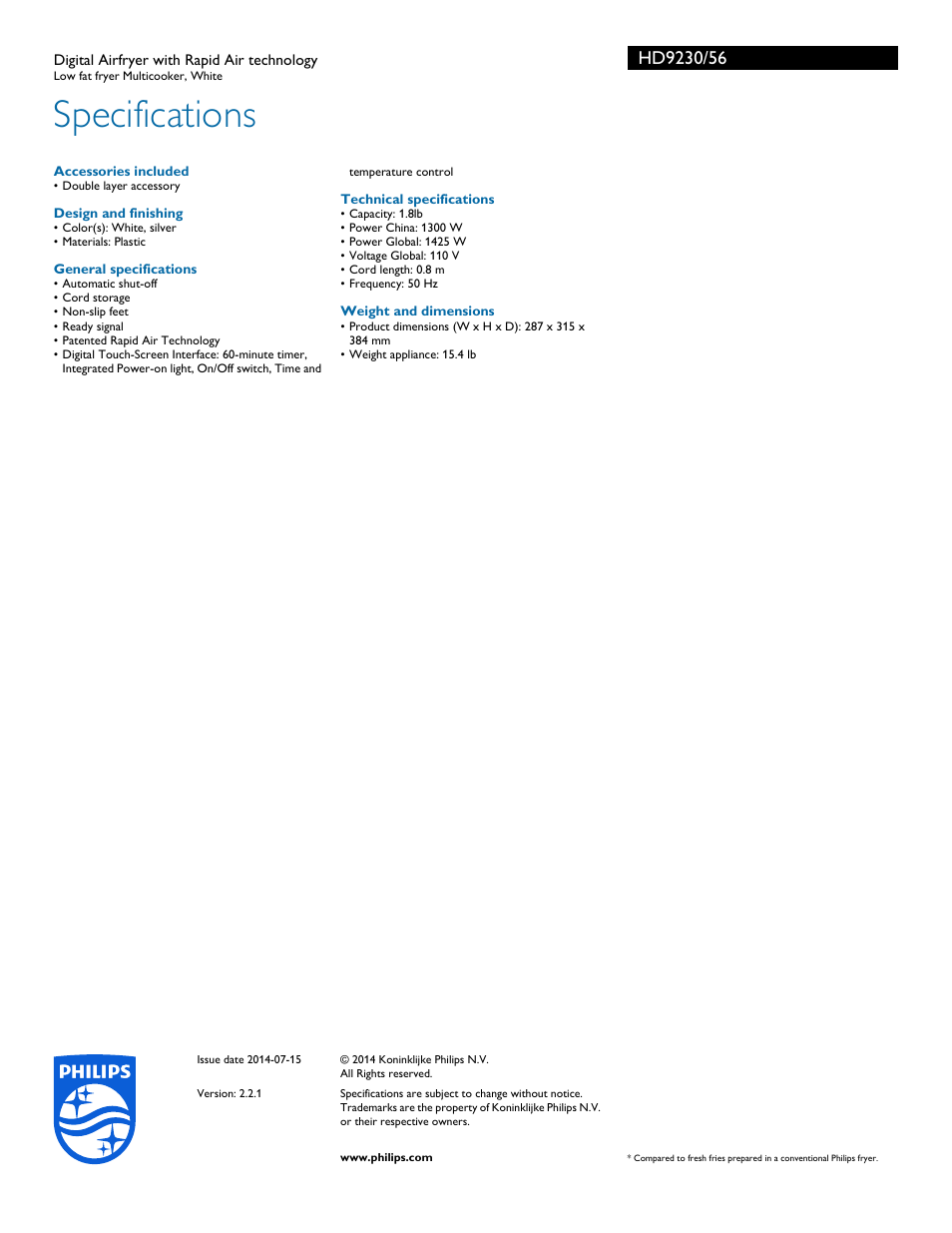 Specifications | Philips HD9230-56 User Manual | Page 3 / 3