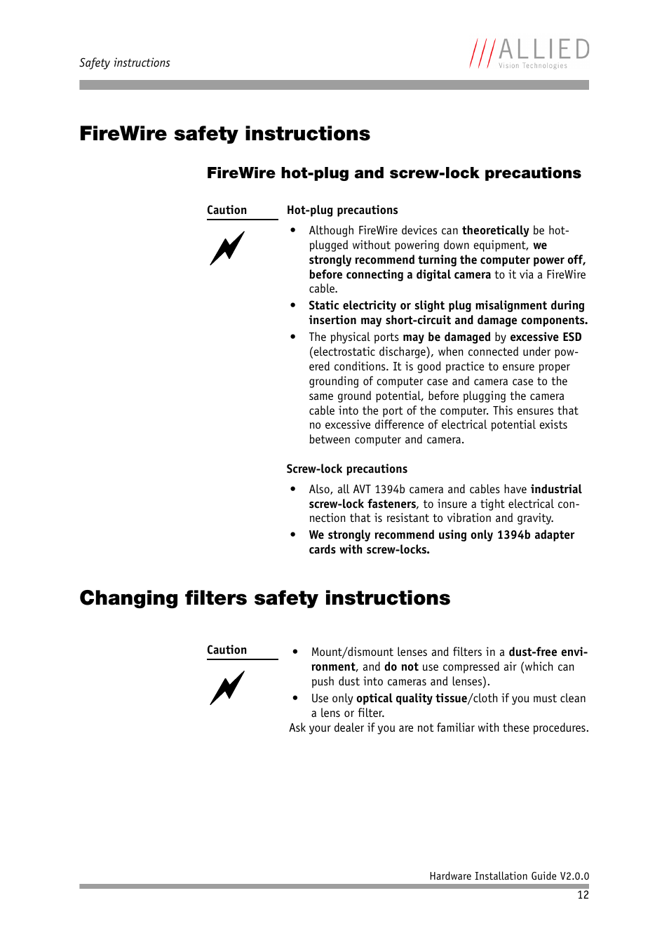 Firewire safety instructions, Firewire hot-plug and screw-lock precautions, Changing filters safety instructions | Allied International Home Security System User Manual | Page 12 / 63