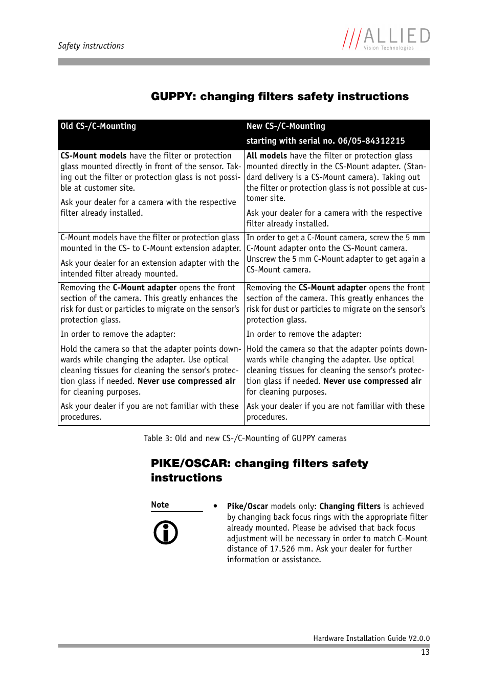 Guppy: changing filters safety instructions, Pike/oscar: changing filters safety instructions | Allied International Home Security System User Manual | Page 13 / 63