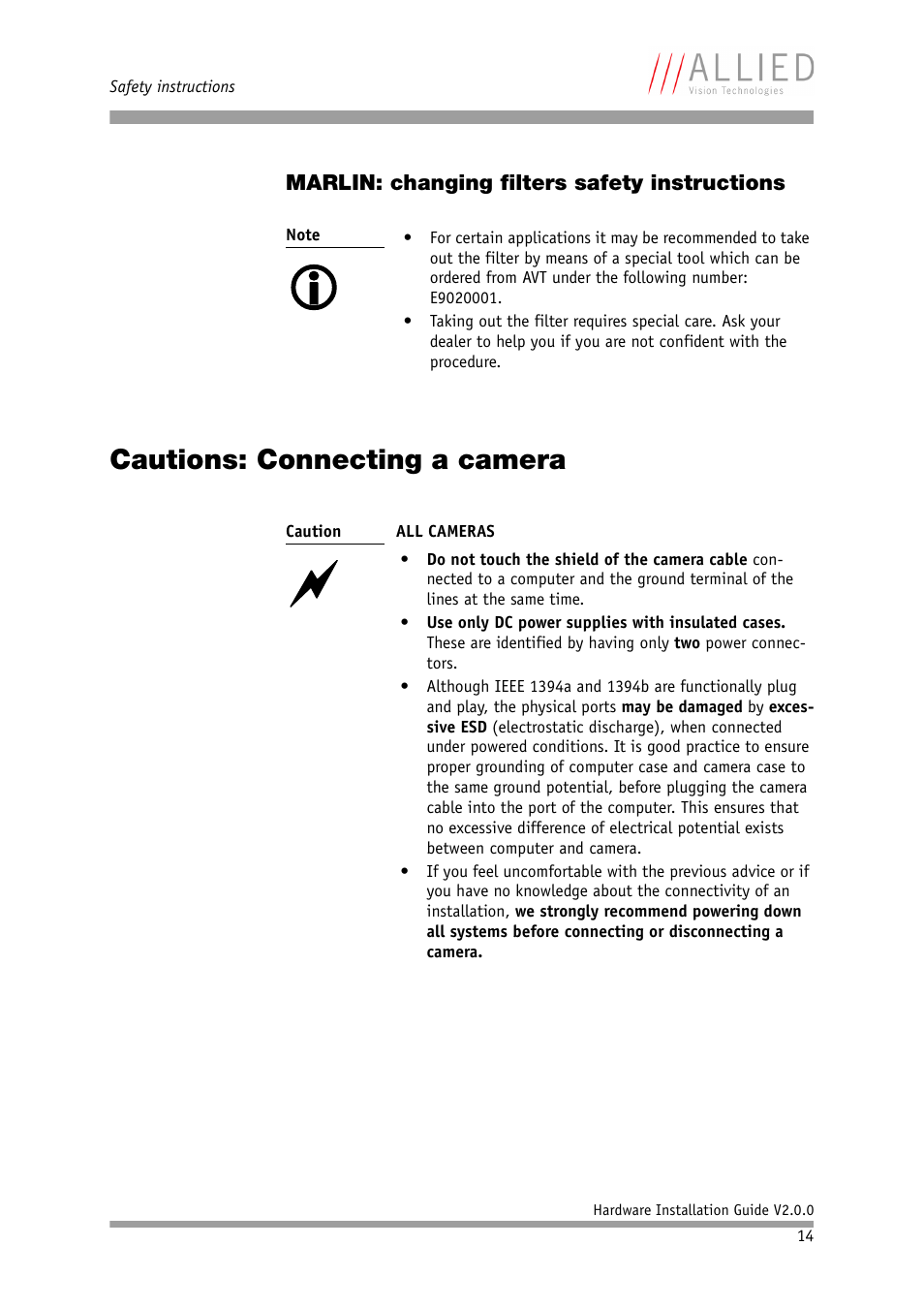 Marlin: changing filters safety instructions, Cautions: connecting a camera | Allied International Home Security System User Manual | Page 14 / 63