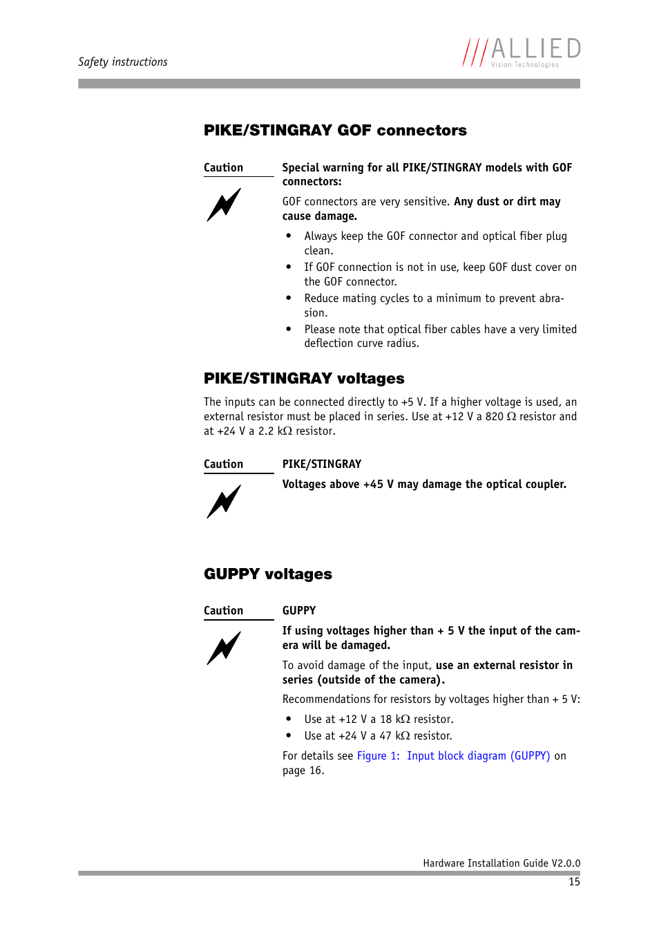 Pike/stingray gof connectors, Pike/stingray voltages, Guppy voltages | Allied International Home Security System User Manual | Page 15 / 63
