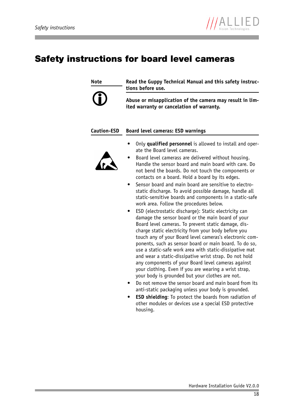 Safety instructions for board level cameras | Allied International Home Security System User Manual | Page 18 / 63