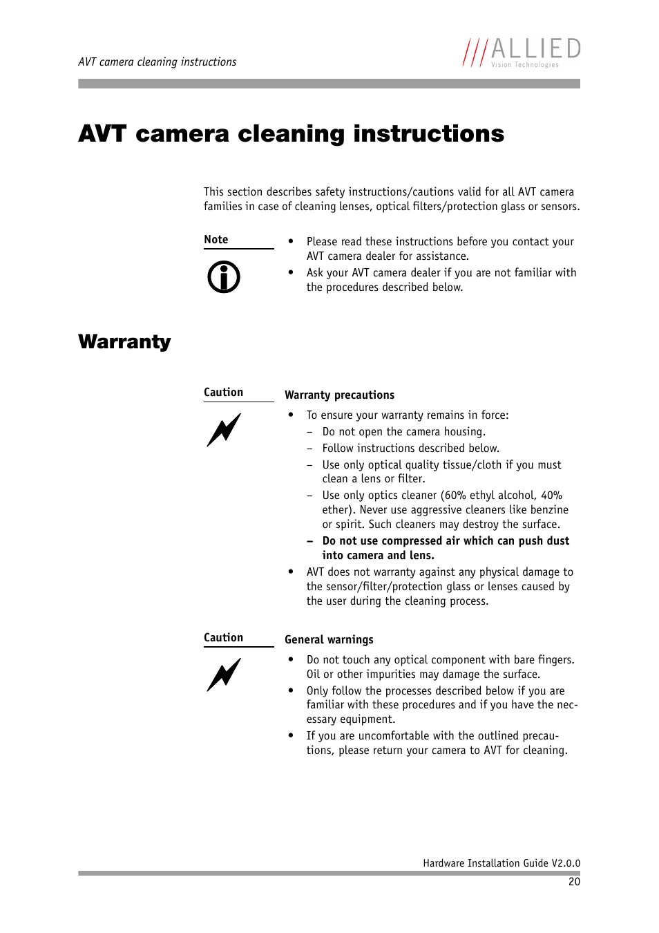 Avt camera cleaning instructions, Warranty | Allied International Home Security System User Manual | Page 20 / 63