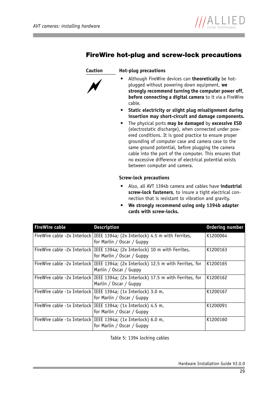 Firewire hot-plug and screw-lock precautions | Allied International Home Security System User Manual | Page 29 / 63