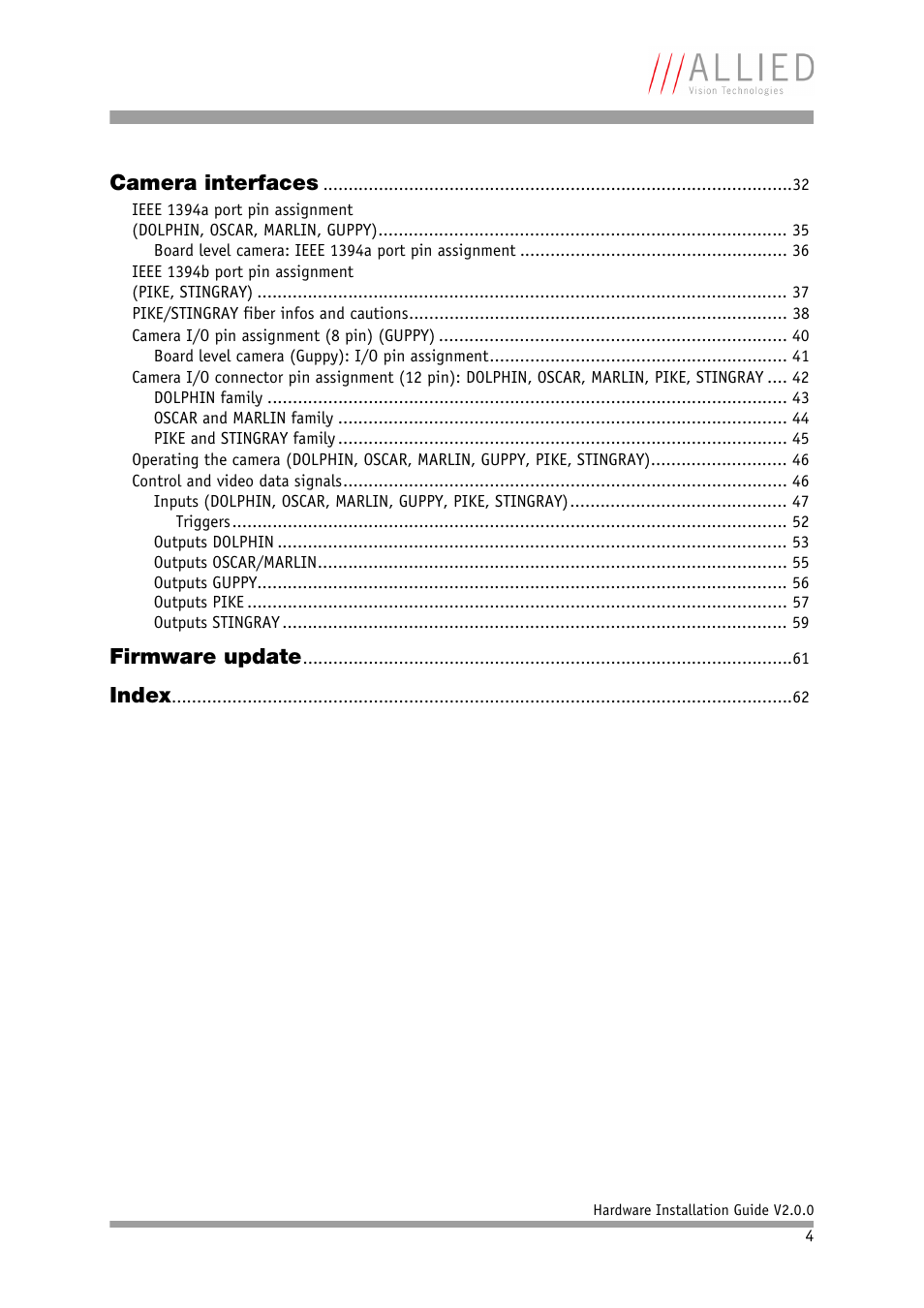 Camera interfaces, Firmware update, Index | Allied International Home Security System User Manual | Page 4 / 63