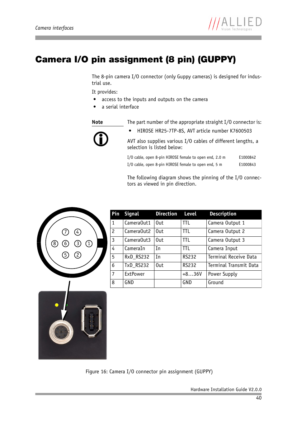 Camera i/o pin assignment (8 pin) (guppy) | Allied International Home Security System User Manual | Page 40 / 63